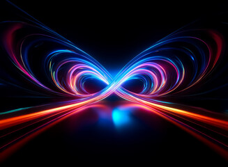Fototapete - Vibrant light trails in blue, purple, and red hues form an abstract symmetrical design on a black background, evoking dynamic motion and energy.
