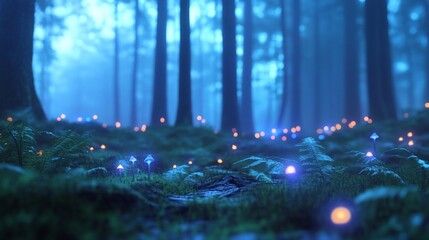 Wall Mural - Glowing mushrooms in a misty blue forest at night. Fantasy landscape for game design