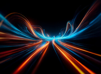 Aufkleber - Abstract image featuring vibrant blue and orange light trails against a dark backdrop, conveying a sense of speed and dynamic motion.