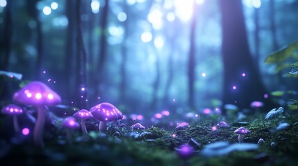 Wall Mural - Glowing mushrooms in enchanted forest, fantasy background