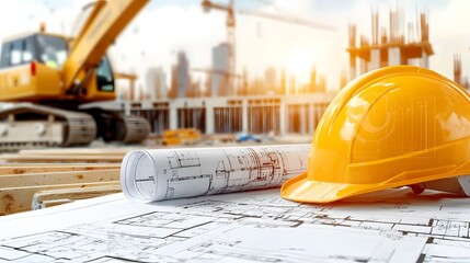 Aufkleber - Construction Site with Blueprints and Hardhat on Concrete Foundation Representing Teamwork and Progress in the Building Industry