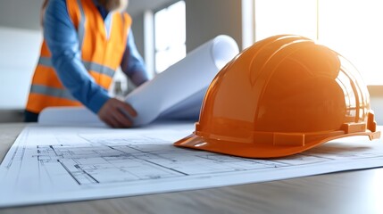 Leinwandbilder - Construction foreman and structural engineers standing over a large blueprint spread on a table collaborating on modifications and improvements for a major infrastructure project