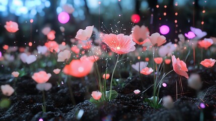 Wall Mural - Glowing poppies in dark forest, magical scene