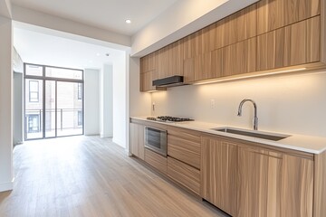 Modern kitchen interior, spacious apartment, city view