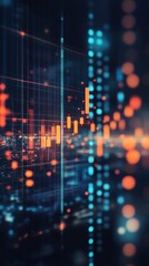 Poster - Vibrant digital financial data visualization showcasing fluctuating market trends with glowing bar graphs against a city skyline backdrop