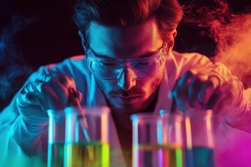 Poster - Scientist conducting experiments with colorful liquids