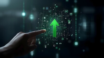 Poster - Digital grid background with a bright green arrow curving upwards representing strategic business progress and innovation  A finger is touching the surface of the arrow symbolizing guidance growth