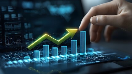 Fototapete - Futuristic digital financial visualization combining a glowing green upward arrow with a rising dark blue bar chart symbolizing market growth and progress  A human finger touches the arrow