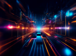 Poster - vibrant neon lights illuminate a futuristic digital corridor. a glowing path extends into the distan
