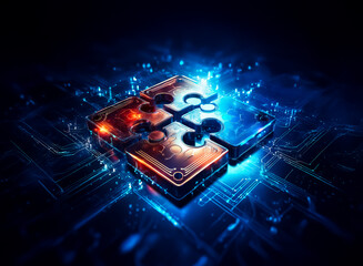 Poster - Glowing technology core with blue and orange lights on a dark background. Abstract digital processing or circuitry representation.