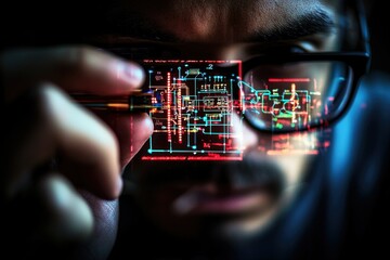 Focused Programmer Designing Futuristic Circuitry on Holographic Interface