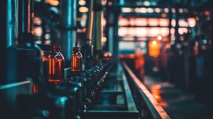 Poster - Industrial Production Line with Amber Glass Bottles in Factory
