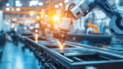 Poster - Industrial Robot Arm Working on Production Line with Sparks Flying