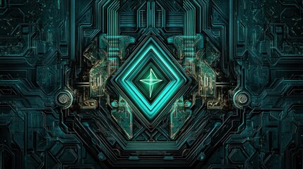Poster - Abstract teal diamond in futuristic tech circuit board.