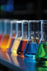 Poster - Colorful laboratory flasks with liquids on a table