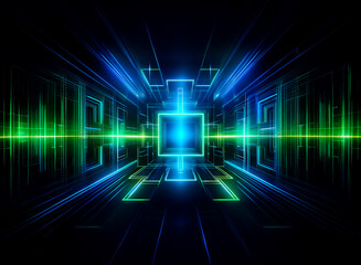 Poster - a futuristic abstract image with glowing blue and green lines forming a tunnel effect. neon lights c