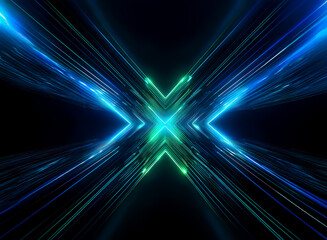 Aufkleber - Abstract image featuring converging blue and green light beams forming an X shape against a dark background, creating a futuristic and dynamic feel.