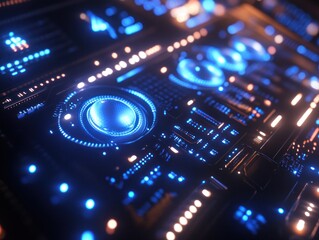 Poster - A close-up view of a futuristic control panel with glowing blue lights and intricate circuitry, suggesting advanced technology in a high-tech environment
