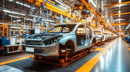 Poster - Modern Automotive Assembly Line in Factory with Unfinished Cars