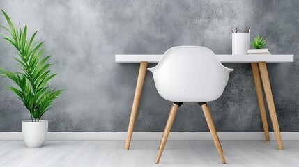 Canvas Print - Minimalist Home Office White Desk and Chair Against Gray Wall