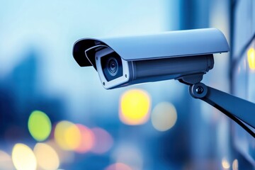 Poster - A close-up view of a modern security camera mounted on a building, capturing city life with blurred lights in the background