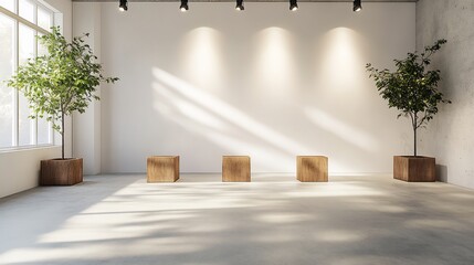 Wall Mural - Modern minimalist office interior, sunlight, plants, wooden cubes