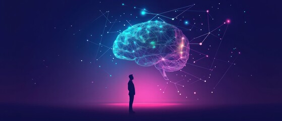 Poster - Silhouette of Person Contemplating a Digital Brain