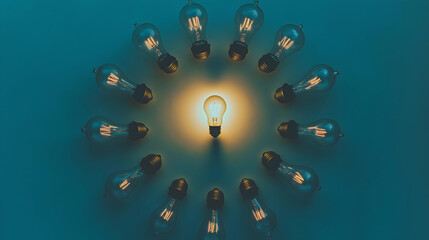 Aufkleber - A central light bulb surrounded by glowing bulbs creates a visually striking pattern, symbolizing ideas and illumination.