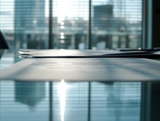 Poster - A modern office scene showcasing documents on a reflective table, with cityscape visible through large windows in the background