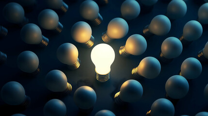 Poster - A glowing light bulb stands out among many dim bulbs, symbolizing innovation and creative ideas amid uniformity.