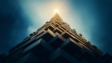 Poster - A dramatic perspective of a towering structure reaching for the sky, illuminated by sunlight, conveying a sense of ambition and architectural beauty.