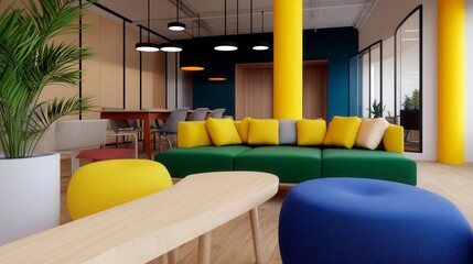 Wall Mural - Vibrant Office Lounge Area Featuring Green Sofa with Yellow Cushions and Blue Ottoman