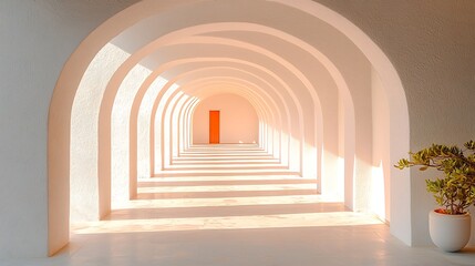 Poster - Architectural white arches leading to orange door bathed in sunlight, geometric design, light & shadow use, and space