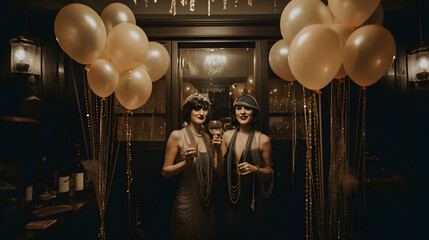 Elegant celebration, two women holding balloons in dimly lit room, festive atmosphere, perfect for party invitations or social media posts.