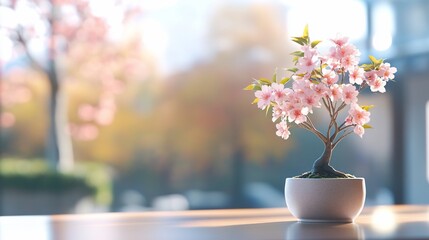 Wall Mural - Pink cherry blossom bonsai, sunny window, calm