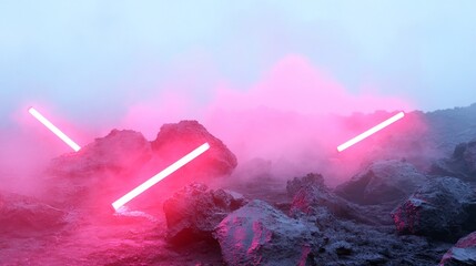 Wall Mural - Pink neon lights illuminate rocky landscape, misty background, digital art, futuristic design