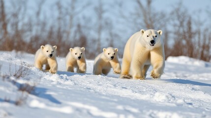 Wall Mural - Polar bear family runs snowy Arctic tundra