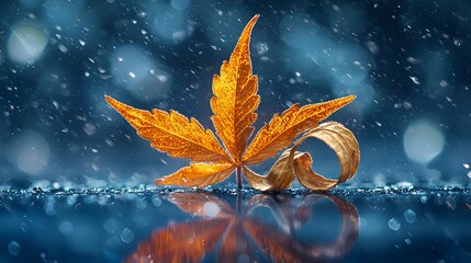 Fototapete - Autumn leaf in the rain, illuminated, natural, blurred bokeh background, for seasonal display