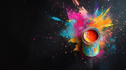 Aufkleber - A colorful eruption of paint splatters in bright hues, creating an artistic and lively scene from a small paint can against a black background