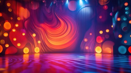 Poster - A colorful, vibrant stage backdrop with swirling dynamic patterns and illuminated bulbs, setting the tone for an energetic and engaging atmosphere