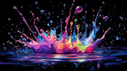 Poster - A dramatic, vibrant neon water splash with droplets flying through the air, creating intricate and energetic designs set against a deep, dark background