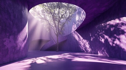 Poster - A futuristic purple concrete space with smooth, rounded walls and rough textures, dramatic shadows of trees created by light streaming through the space