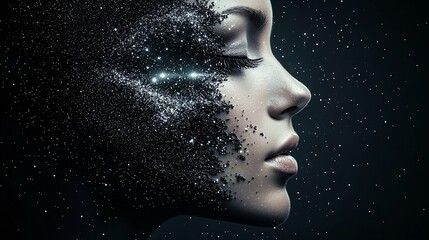 Poster - a surreal portrait of a woman with a face merging into a cosmic nebula, her eyes glowing like distan