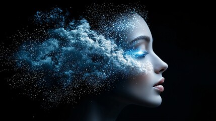 Poster - a surreal portrait of a woman with a face merging into a cosmic nebula, her eyes glowing like distan