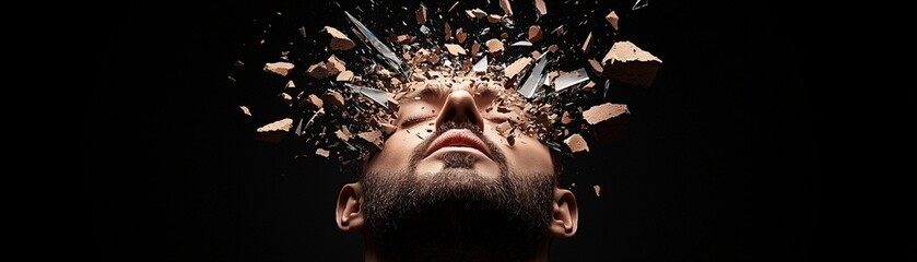 Poster - a man whose body is composed of floating glass shards, each shard reflecting different moments of hi