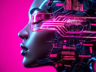 Poster - a cybernetic woman with neon veins pulsing beneath her translucent skin, a city skyline reflected in