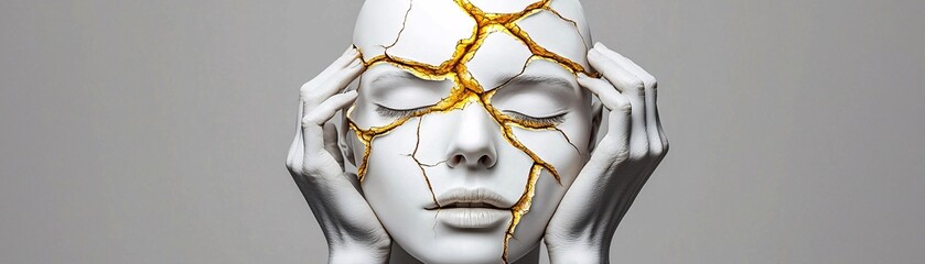 Poster - A figure with a cracked porcelain face, golden light shining through the fractures, symbolizing hidden strength, soft yet dramatic lighting, painterly textures, ultra-realistic