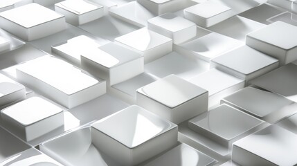 Poster - A modern, stylized abstract background with overlapping 3D squares in white and grey, casting delicate shadows for a sophisticated and clean look