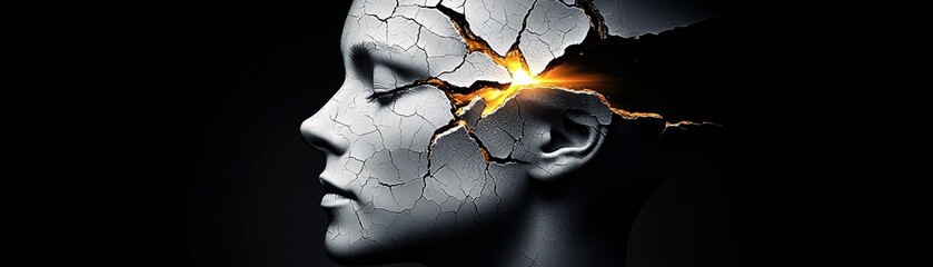 Poster - A figure with a cracked porcelain face, golden light shining through the fractures, symbolizing hidden strength, soft yet dramatic lighting, painterly textures, ultra-realistic