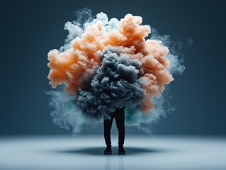 Poster - a human figure morphing into a cloud of ink in water, dissolving into abstract shapes, fluid surreal